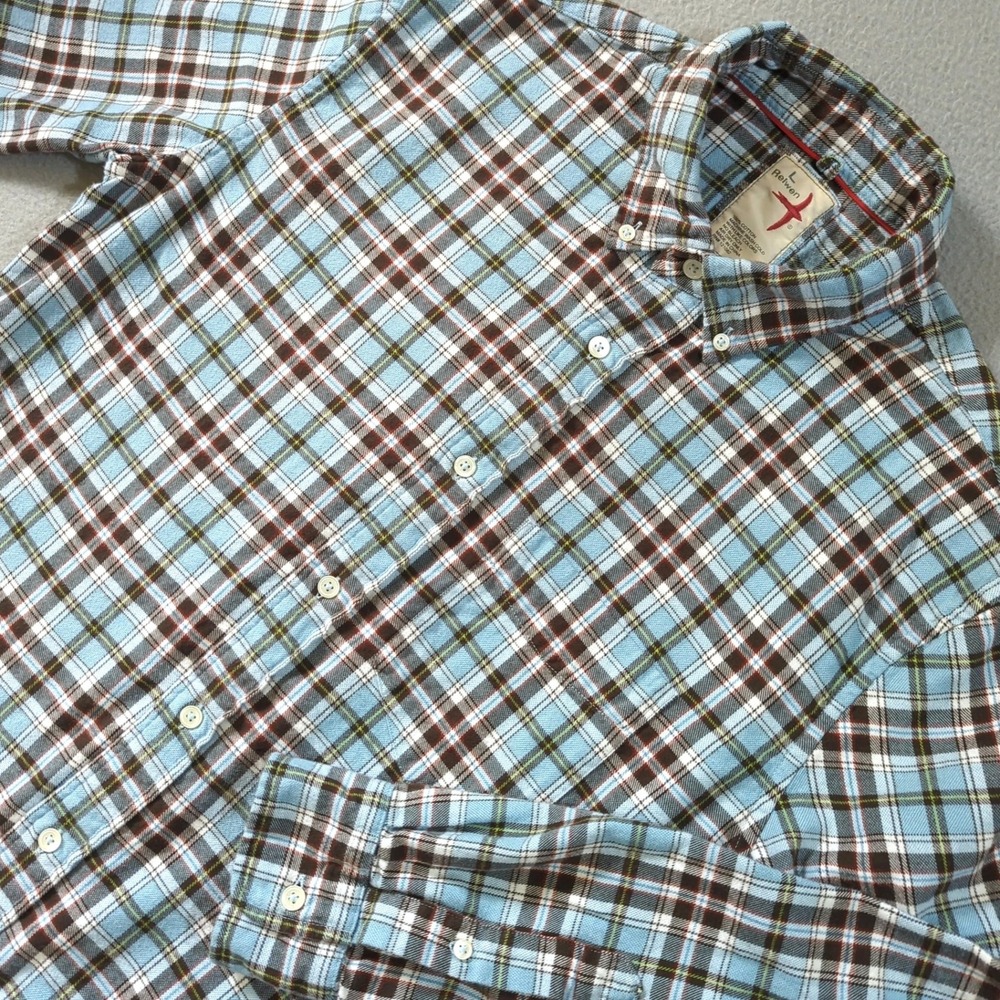 Relwen Flyweight Flannel Mens Button Down Shirt Blue Brown Cotton Size Large